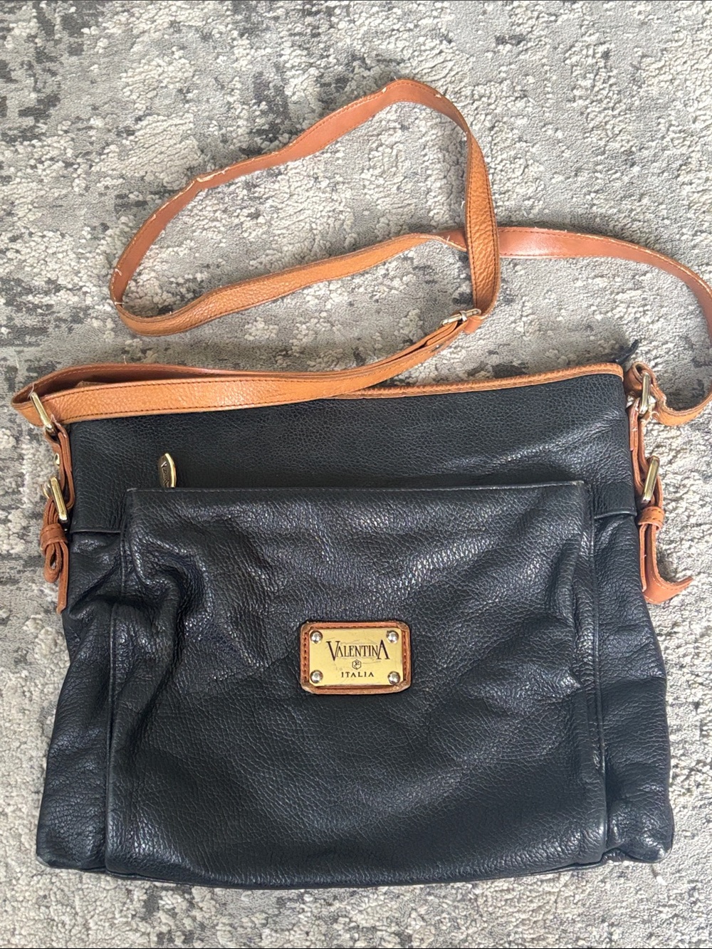 Valentina Black with Tan Trim Leather Crossbody Bag